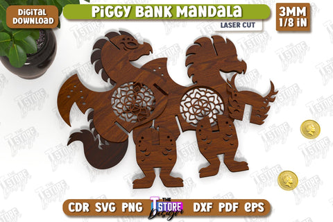 Personalized Piggy Bank Laser Cut | Dragon Design | Money Box | Mandala | CNC File SVG The T Store Design 