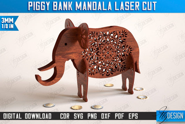 Personalized Piggy Bank Laser Cut | Elephant Design | Money Box | Mandala | CNC File SVG Fly Design 