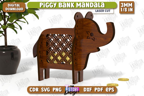 Personalized Piggy Bank Laser Cut | Elephant Design | Money Box | Mandala | CNC File SVG The T Store Design 