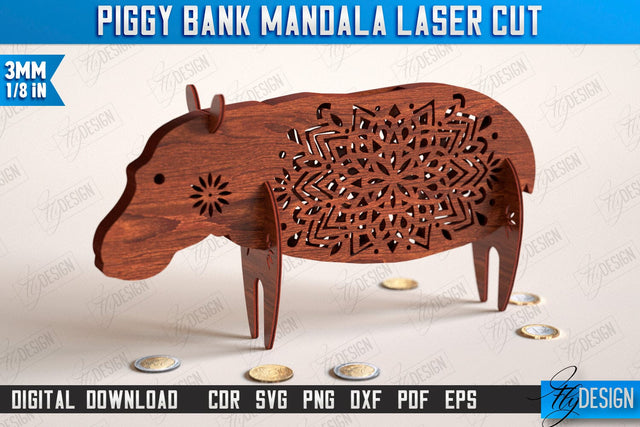 Personalized Piggy Bank Laser Cut | Hippo Design | Money Box | Mandala | CNC File SVG Fly Design 