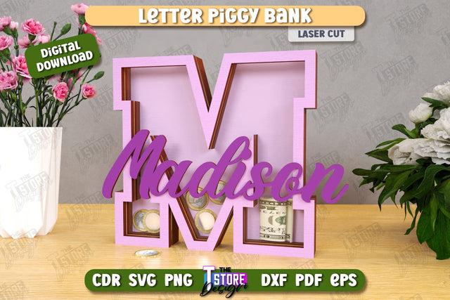 Personalized Piggy Bank Laser Cut | Letters | Money Box | Alphabet | CNC File SVG The T Store Design 