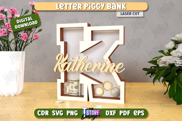 Personalized Piggy Bank Laser Cut | Letters | Money Box | Alphabet | CNC File SVG The T Store Design 
