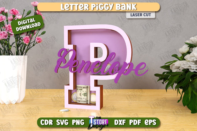 Personalized Piggy Bank Laser Cut | Letters | Money Box | Alphabet | CNC File SVG The T Store Design 