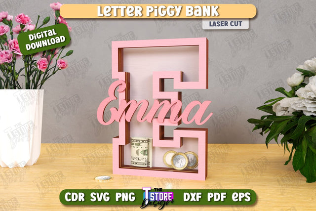 Personalized Piggy Bank Laser Cut | Letters | Money Box | Alphabet | CNC File SVG The T Store Design 