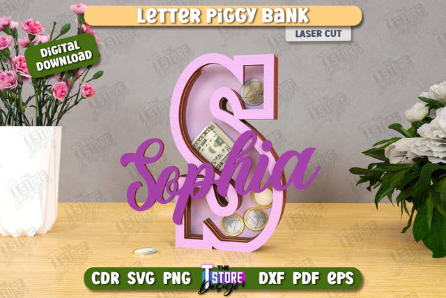 Personalized Piggy Bank Laser Cut | Letters | Money Box | Alphabet | CNC File SVG The T Store Design 