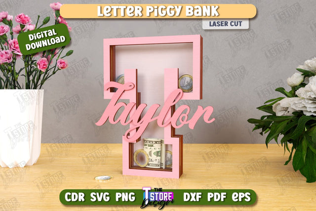 Personalized Piggy Bank Laser Cut | Letters | Money Box | Alphabet | CNC File SVG The T Store Design 