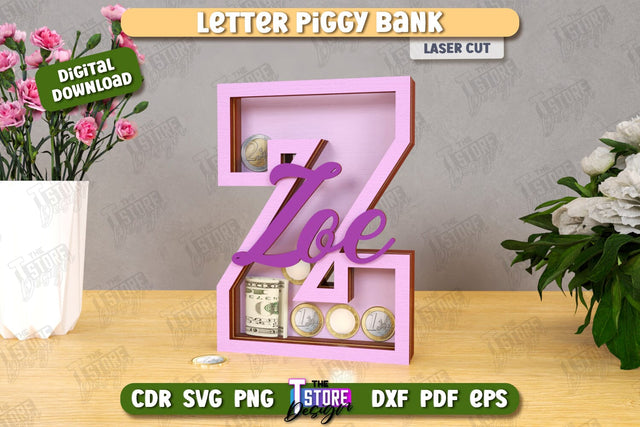 Personalized Piggy Bank Laser Cut | Letters | Money Box | Alphabet | CNC File SVG The T Store Design 
