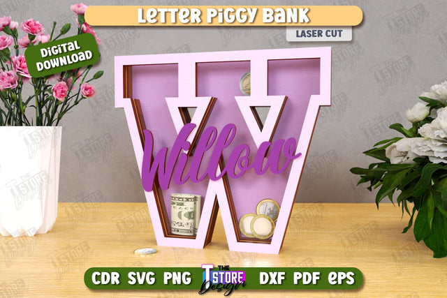 Personalized Piggy Bank Laser Cut | Letters | Money Box | Alphabet | CNC File SVG The T Store Design 