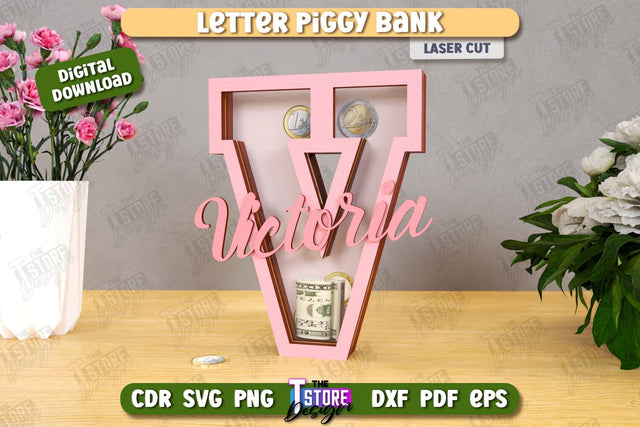 Personalized Piggy Bank Laser Cut | Letters | Money Box | Alphabet | CNC File SVG The T Store Design 