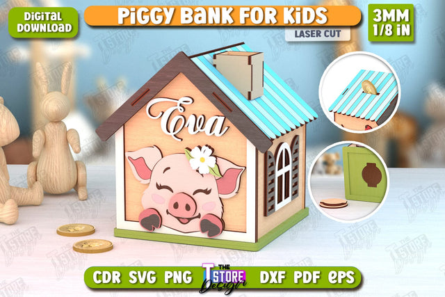 Personalized Piggy Bank Laser Cut | Pig Design | Money Box | Kids Design | CNC File SVG The T Store Design 