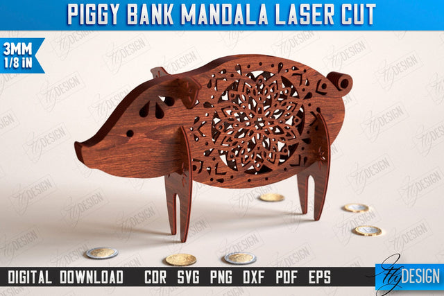 Personalized Piggy Bank Laser Cut | Pig Design | Money Box | Mandala | CNC File SVG Fly Design 