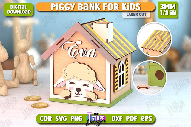 Personalized Piggy Bank Laser Cut | Sheep Design | Money Box | Kids Design | CNC File SVG The T Store Design 