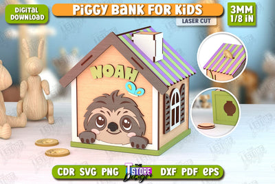 Personalized Piggy Bank Laser Cut | Sloth Design | Money Box | Kids Design | CNC File SVG The T Store Design 