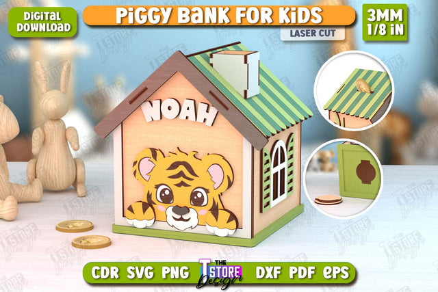 Personalized Piggy Bank Laser Cut | Tiger Design | Money Box | Kids Design | CNC File SVG The T Store Design 