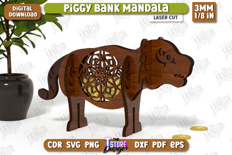 Personalized Piggy Bank Laser Cut | Tiger Design | Money Box | Mandala | CNC File SVG The T Store Design 