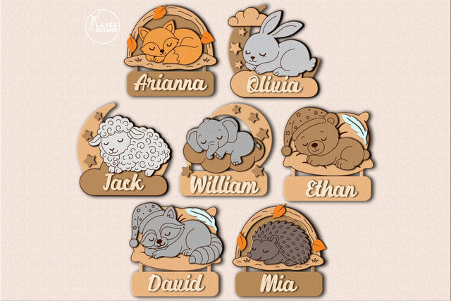 Personalized Sleeping Animals Kids Name Signs (Set of 7) SVG LaserCutano 