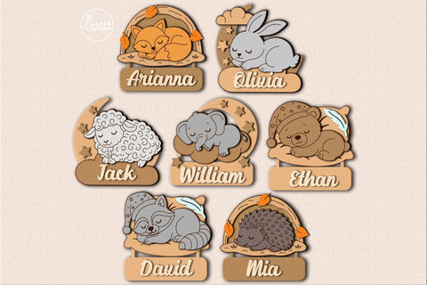 Personalized Sleeping Animals Kids Name Signs (Set of 7) SVG LaserCutano 
