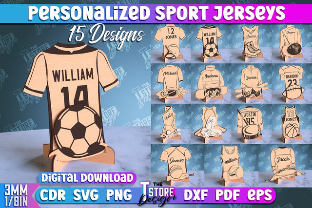 Personalized Sport Jerseys Bundle | Sport Sign | Gift Idea | Wood Shape | CNC File SVG The T Store Design 