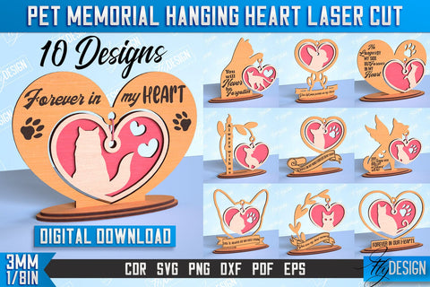 Pet Memorial Hanging Heart Bundle | Home Pets Memorial | Angel Wings | CNC File SVG Fly Design 