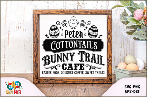 Peter Cottontail's Bunny Trail Cafe easter eggs. gourmet coffee. sweet treats SVG Sublimation Shetara Begum 