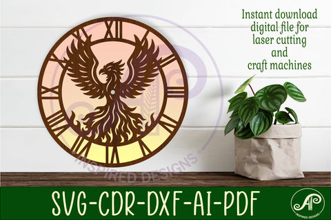 Phoenix bird clock wall clock laser cut files SVG APInspireddesigns 