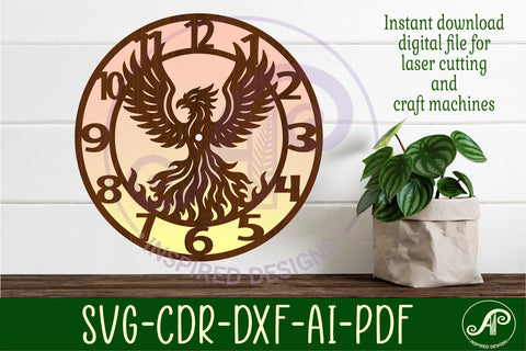 Phoenix bird clock wall clock laser cut files SVG APInspireddesigns 