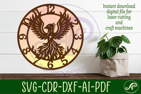 Phoenix bird clock wall clock laser cut files SVG APInspireddesigns 