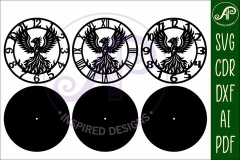 Phoenix bird clock wall clock laser cut files SVG APInspireddesigns 