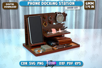 Phone Docking Station | Desk Tray Organizer | Watch Stand | Tech Accessories | CNC File SVG The T Store Design 