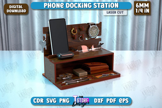 Phone Docking Station | Desk Tray Organizer | Watch Stand | Tech Accessories | CNC File SVG The T Store Design 