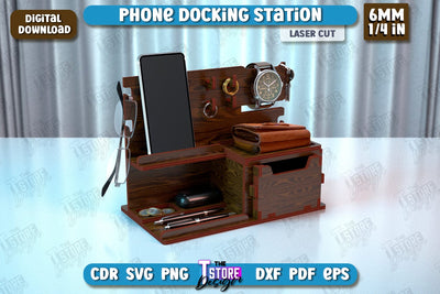 Phone Docking Station | Desk Tray Organizer | Watch Stand | Tech Accessories | CNC File SVG The T Store Design 