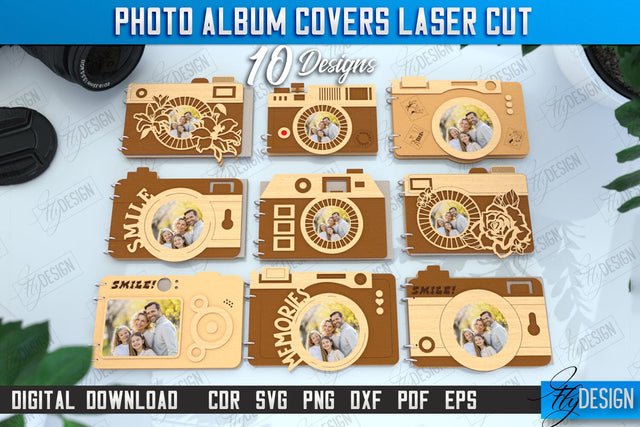 Photo Album Covers Laser Cut Bundle | Camera Shape | Wooden Photo Album | CNC Files SVG Fly Design 