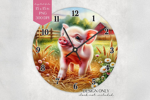 Pig Clock Face PNG Cute Farm Animal Wall Clock Design Sublimation BijouBay 