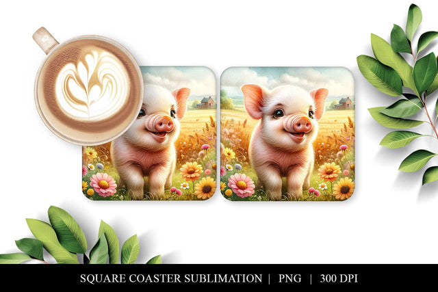 Pig Coaster Design Digital Download, Cute Farm Animal Sublimation BijouBay 