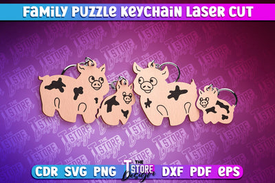 Pig Family Puzzle Keychain | Laser Cut Design | CNC Files SVG The T Store Design 