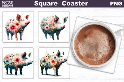 Pig Flowers Square Coaster | Double Exposure Pig Floral Sublimation WatercolorColorDream 