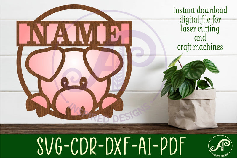 Pig peeking name sign svg laser cut template SVG APInspireddesigns 