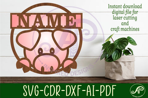 Pig peeking name sign svg laser cut template SVG APInspireddesigns 