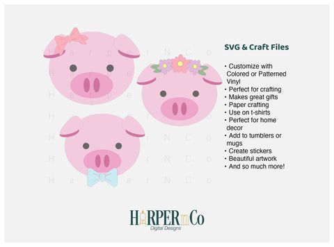Pig with Bows and Flowers SVG PNG Cut EPS File SVG HarperNCo 