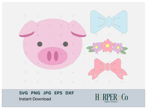 Pig with Bows and Flowers SVG PNG Cut EPS File SVG HarperNCo 