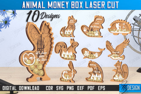 Piggy Bank Laser Cut Bundle | Shape of Animals | Money Box | Motivation Quotes | CNC Files SVG Fly Design 