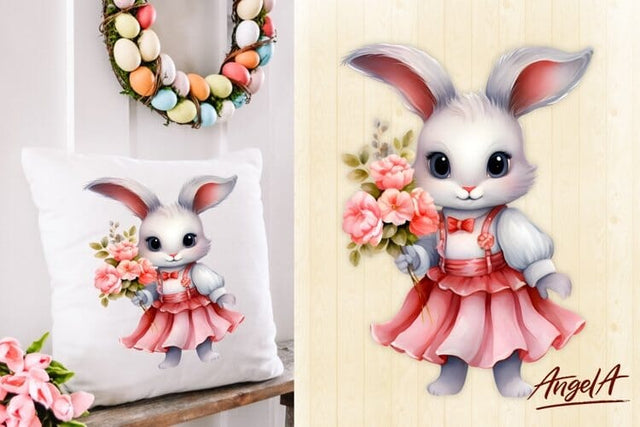 pillow sublimation design / easter bunny girl flower clipart Sublimation Angelina Semenova 