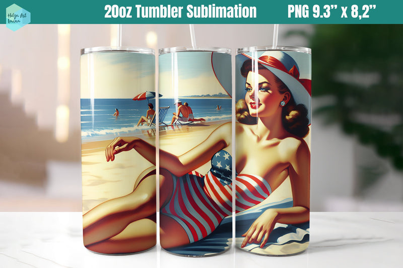 Pin-Up Girl Beach Tumbler 20 OZ, American girl Sublimation Helga Art 