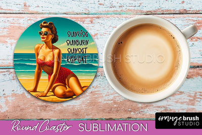 Pin Up Girl Coaster - Sarcastic Quote Beach Round Coaster Sublimation OrangeBrushStudio 