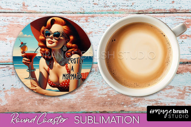 Pin Up Girl Coaster - Sarcastic Quote Beach Round Coaster Sublimation OrangeBrushStudio 