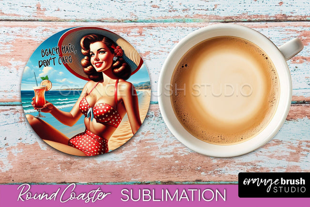 Pin Up Girl Coaster - Sarcastic Quote Beach Round Coaster Sublimation OrangeBrushStudio 