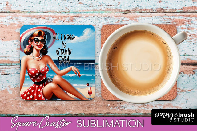 Pin Up Girl Coaster - Sarcastic Quote Beach Square Coaster Sublimation OrangeBrushStudio 