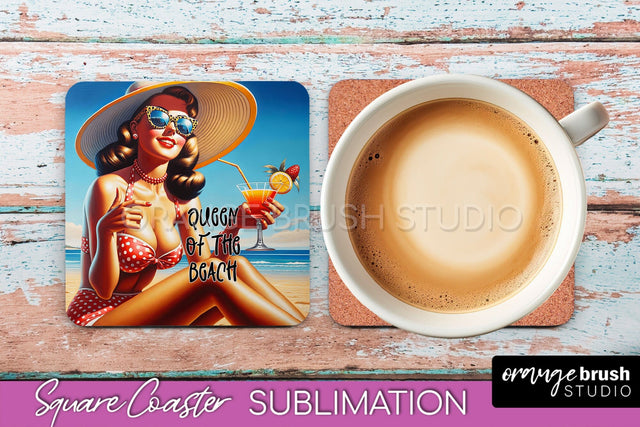 Pin Up Girl Coaster - Sarcastic Quote Beach Square Coaster Sublimation OrangeBrushStudio 