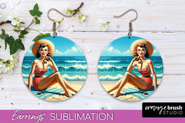 Pin Up Girl Earrings PNG - Beach Round Earrings Sublimation Sublimation OrangeBrushStudio 