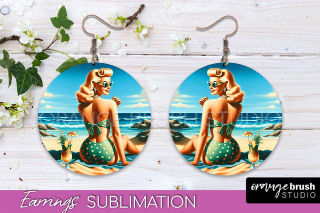 Pin Up Girl Earrings PNG - Beach Round Earrings Sublimation Sublimation OrangeBrushStudio 
